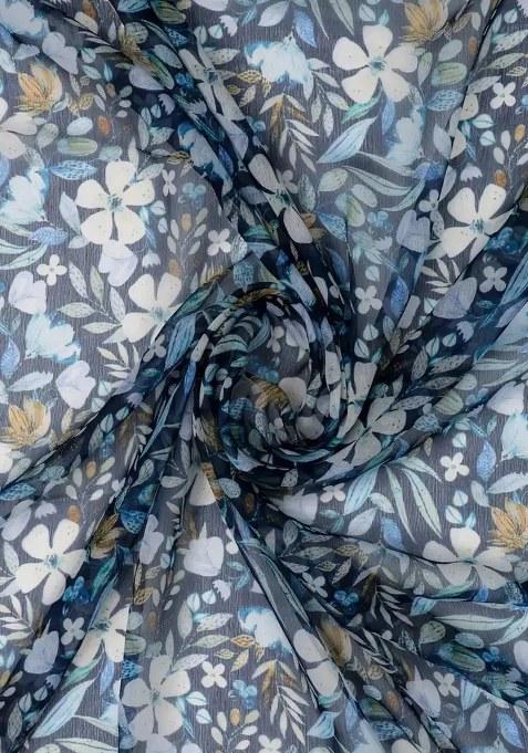 Blue Floral Printed Chiffon Pre Draped Saree Set