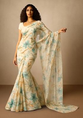 Off Blue Floral Printed Chiffon Pre Draped Saree Set