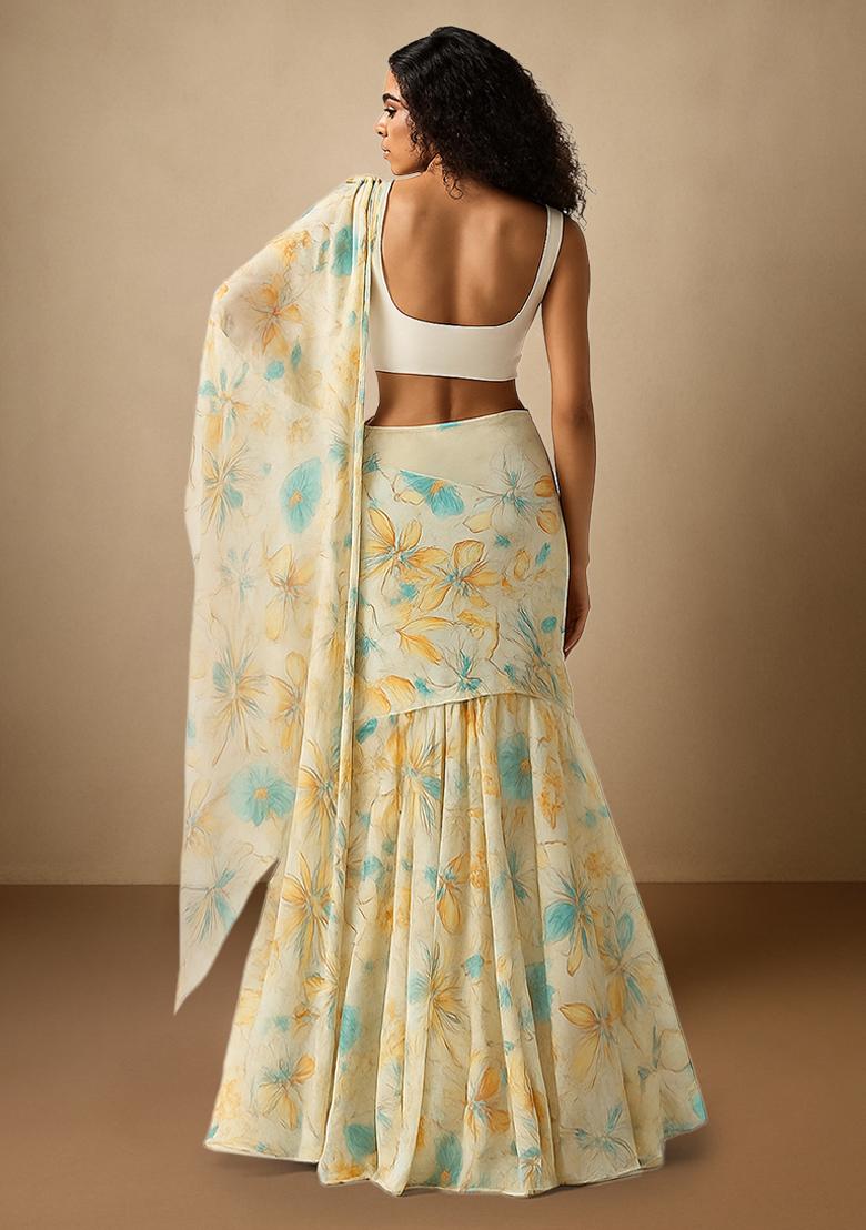 Off Blue Floral Printed Chiffon Pre Draped Saree Set