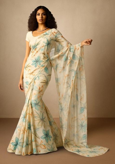 Off Blue Floral Printed Chiffon Pre Draped Saree Set