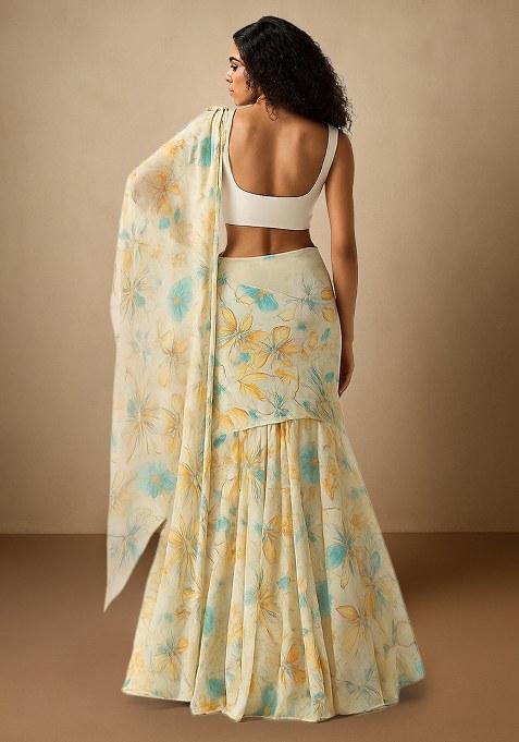 Off Blue Floral Printed Chiffon Pre Draped Saree Set
