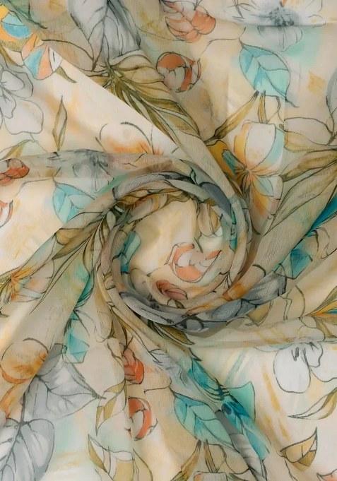 Off Blue Floral Printed Chiffon Pre Draped Saree Set