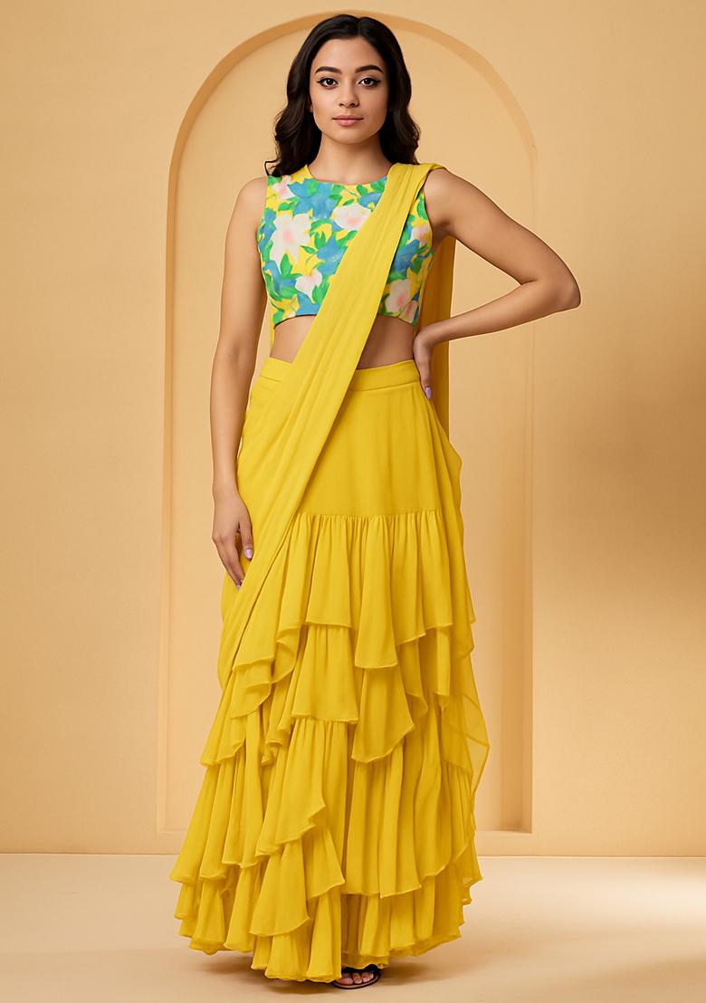 Yellow Floral Printed Satin Pre Draped Saree Set