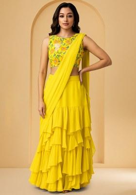 Yellow Floral Printed Georgette Pre Draped Saree Set