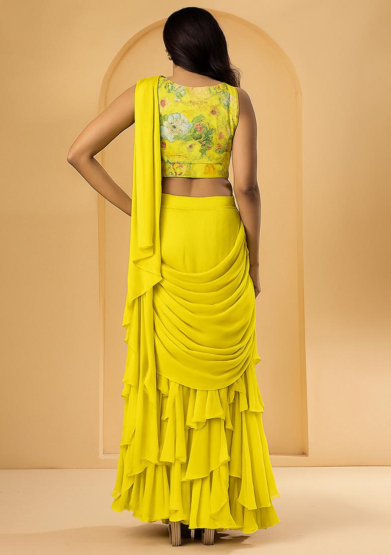 Yellow Floral Printed Georgette Pre Draped Saree Set - Indya