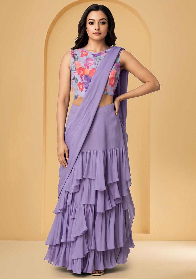 Lavender Floral Printed Georgette Pre Draped Saree Set