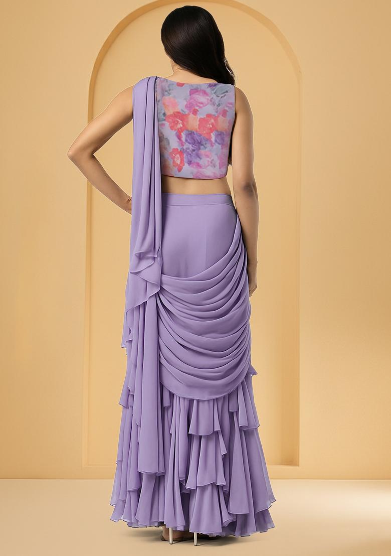 Lavender Floral Printed Georgette Pre Draped Saree Set - Indya