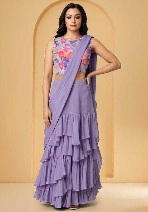 Lavender Floral Printed Georgette Pre Draped Saree Set