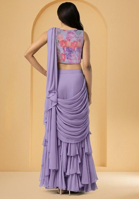 Lavender Floral Printed Georgette Pre Draped Saree Set