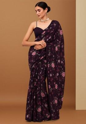 Black Floral Printed Organza Pre Draped Saree Set