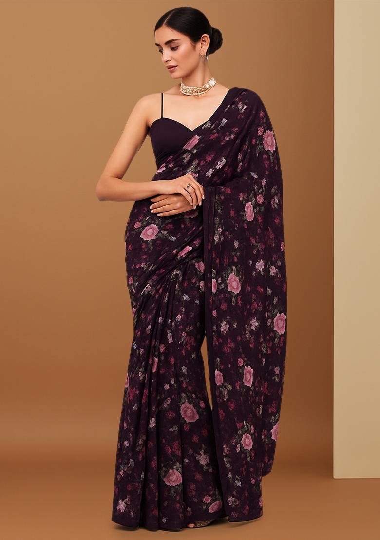 Black Floral Printed Organza Pre Draped Saree Set