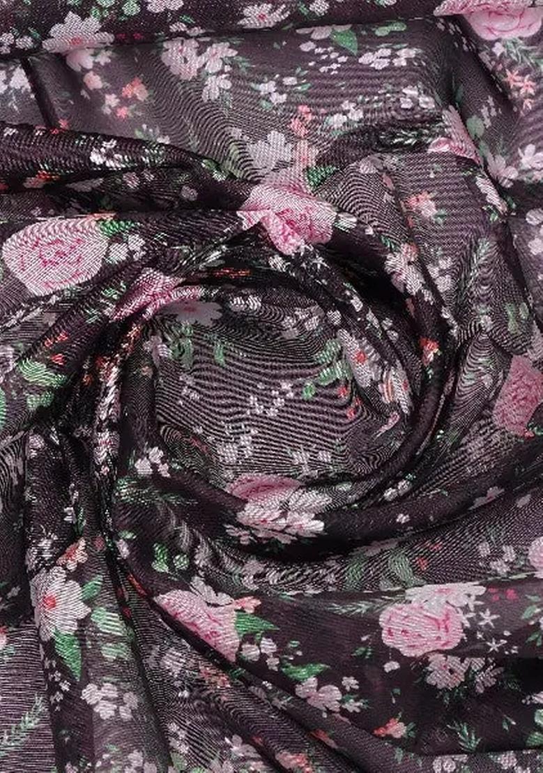 Black Floral Printed Organza Pre Draped Saree Set