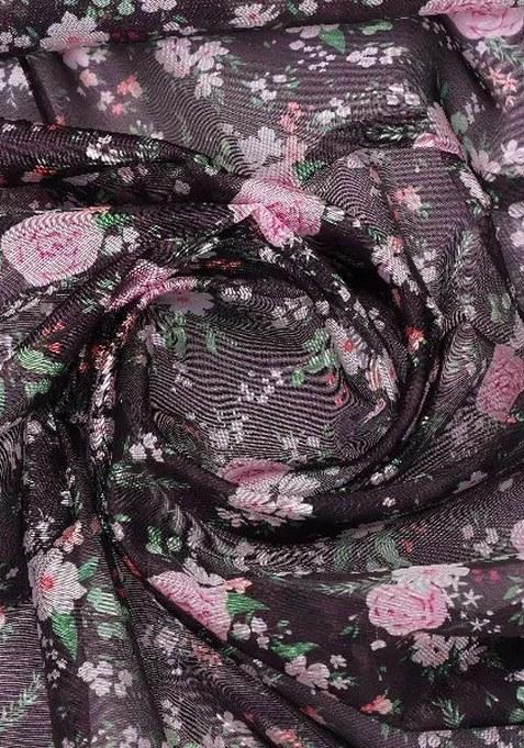 Black Floral Printed Organza Pre Draped Saree Set