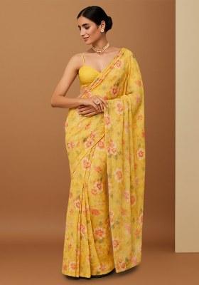 Yellow Floral Printed Chiffon Pre Draped Saree Set