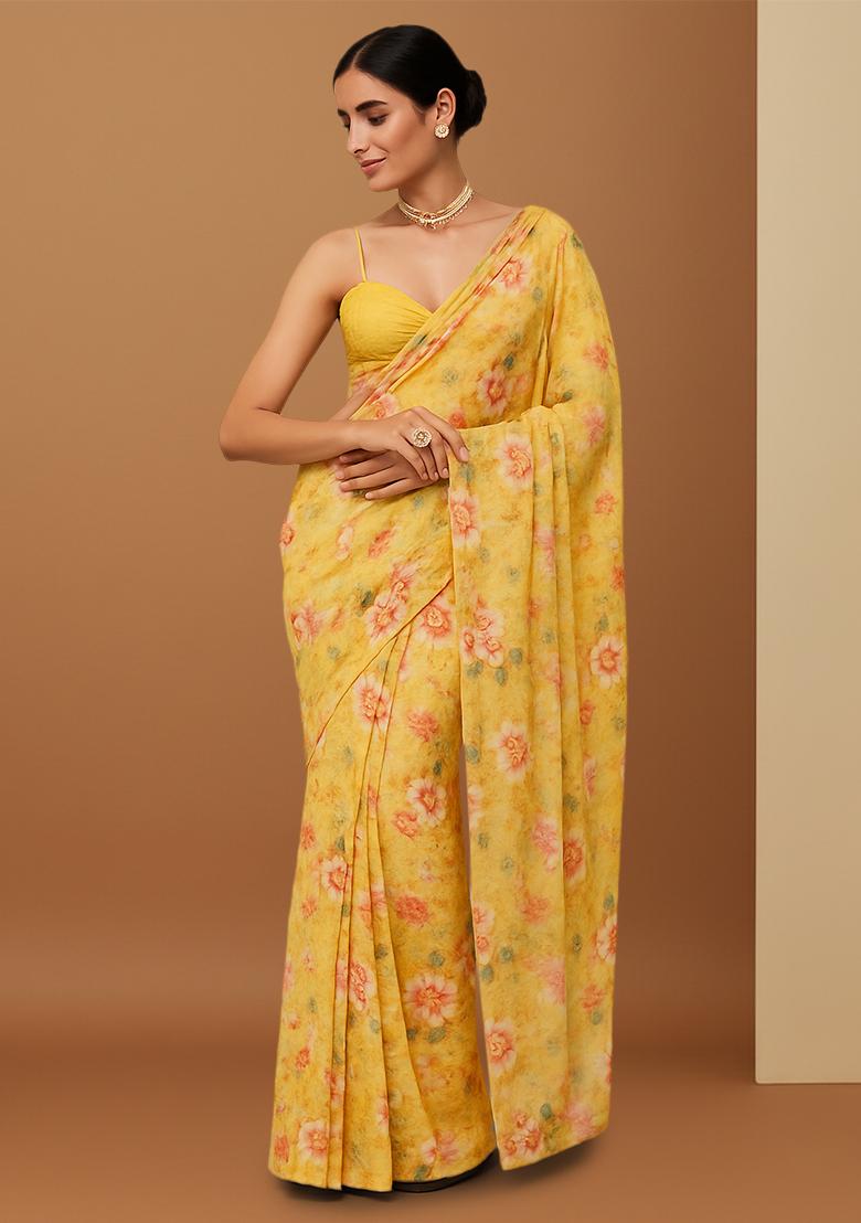 Yellow Floral Printed Chiffon Pre Draped Saree Set
