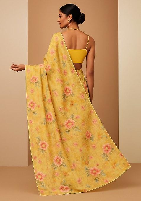 Yellow Floral Printed Chiffon Pre Draped Saree Set