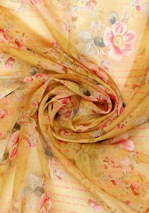 Yellow Floral Printed Chiffon Pre Draped Saree Set