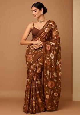 Brown Floral Printed Chiffon Pre Draped Saree Set