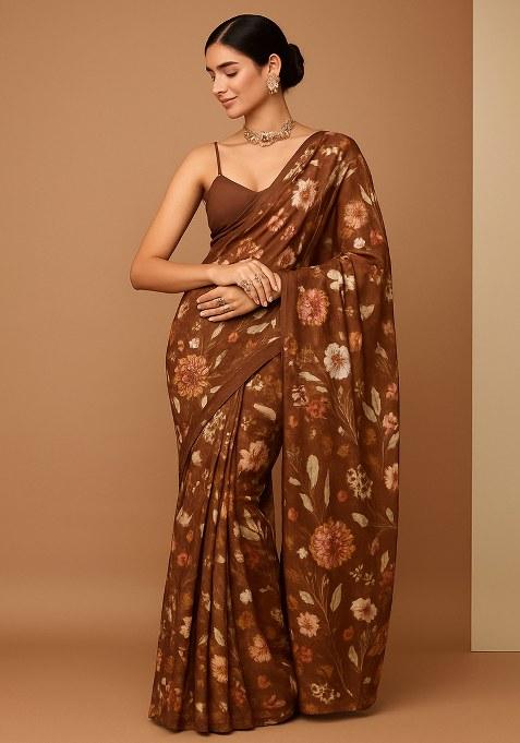 Brown Floral Printed Chiffon Pre Draped Saree Set