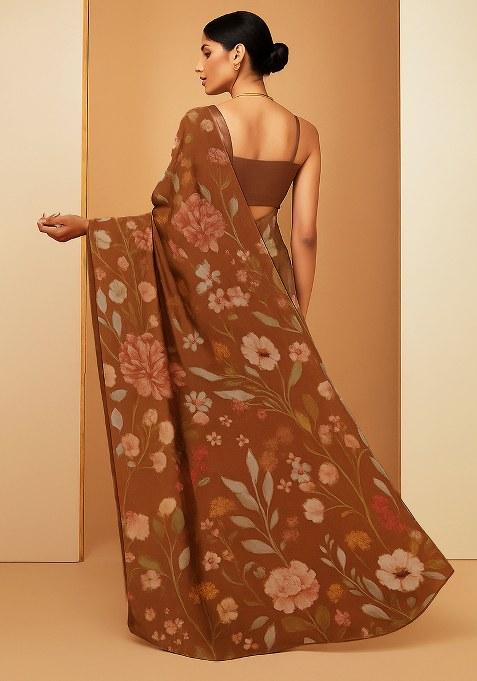 Brown Floral Printed Chiffon Pre Draped Saree Set