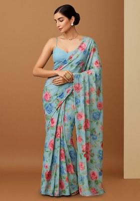 Light Blue Floral Printed Chiffon Pre Draped Saree Set