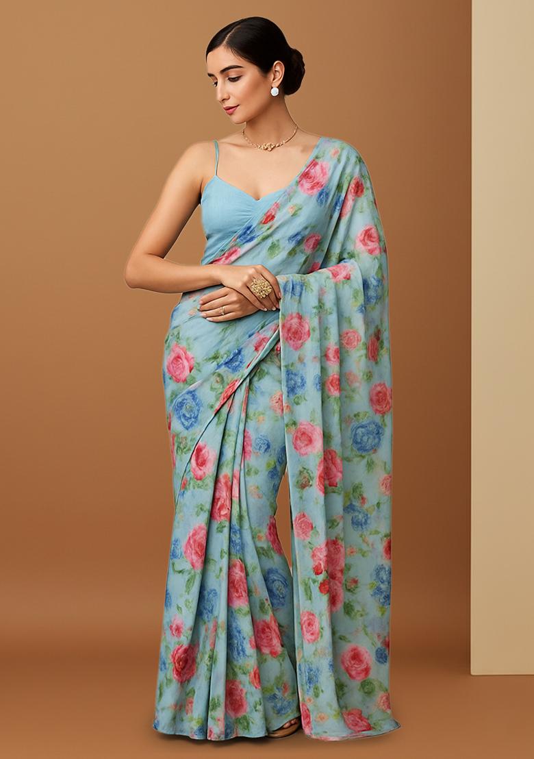 Light Blue Floral Printed Chiffon Pre Draped Saree Set
