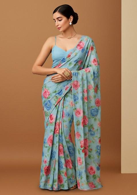 Light Blue Floral Printed Chiffon Pre Draped Saree Set
