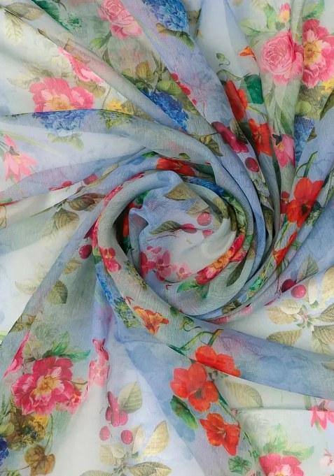 Light Blue Floral Printed Chiffon Pre Draped Saree Set