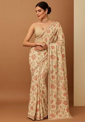 Cream Floral Printed Chiffon Pre Draped Saree Set