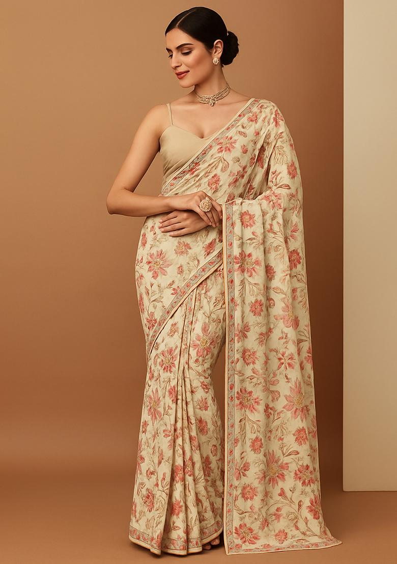 Cream Floral Printed Chiffon Pre Draped Saree Set