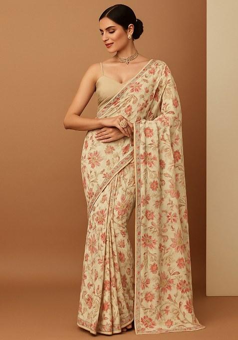 Cream Floral Printed Chiffon Pre Draped Saree Set