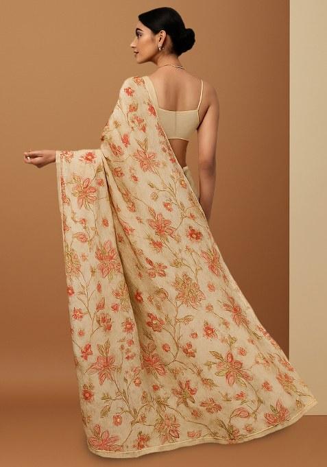 Cream Floral Printed Chiffon Pre Draped Saree Set