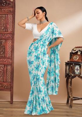 White And Blue Printed Embroidered Georgette Pre Draped Saree Set