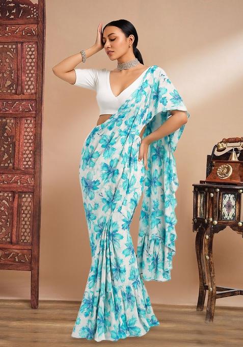White And Blue Printed Embroidered Georgette Pre Draped Saree Set