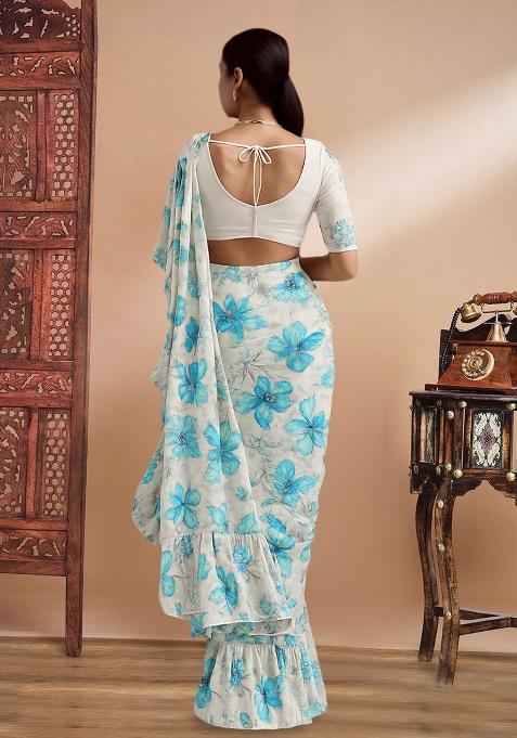 White And Blue Printed Embroidered Georgette Pre Draped Saree Set
