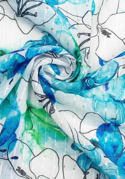 White And Blue Printed Embroidered Georgette Pre Draped Saree Set