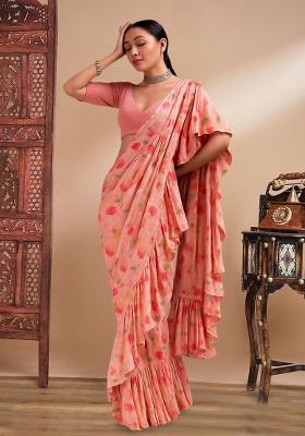 Peach Printed Embroidered Georgette Pre Draped Saree Set