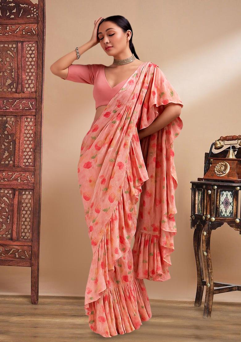 Peach Printed Embroidered Georgette Pre Draped Saree Set