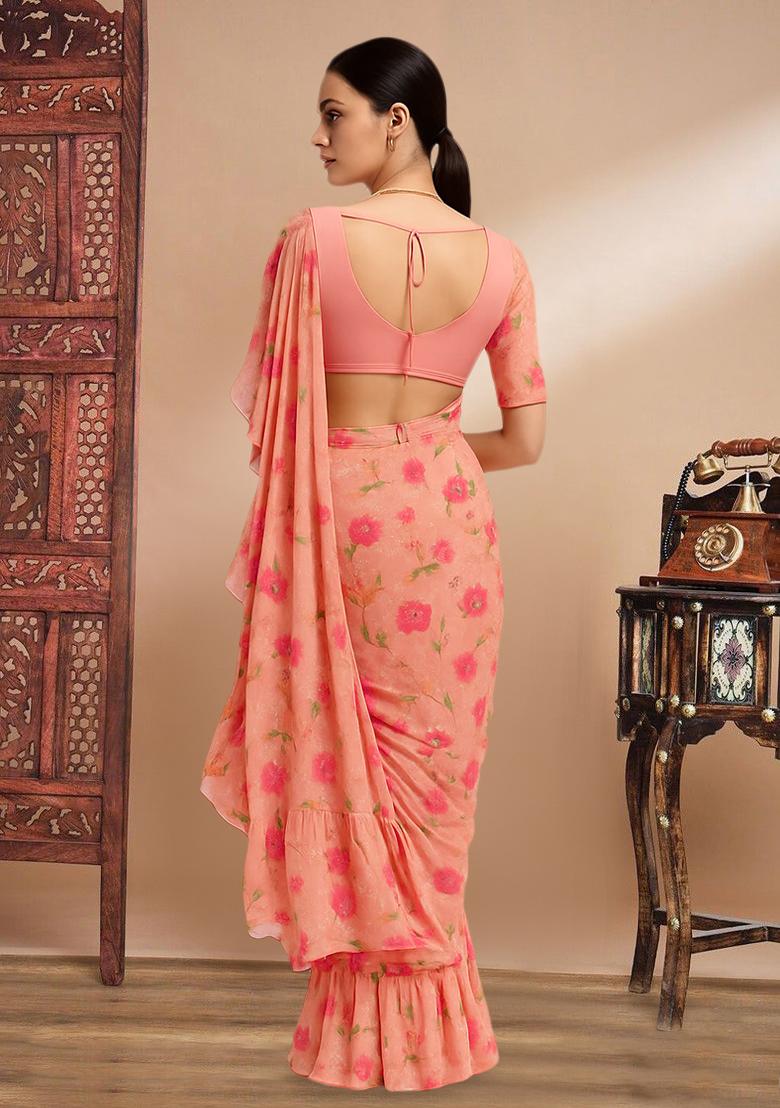 Peach Printed Embroidered Georgette Pre Draped Saree Set - Indya