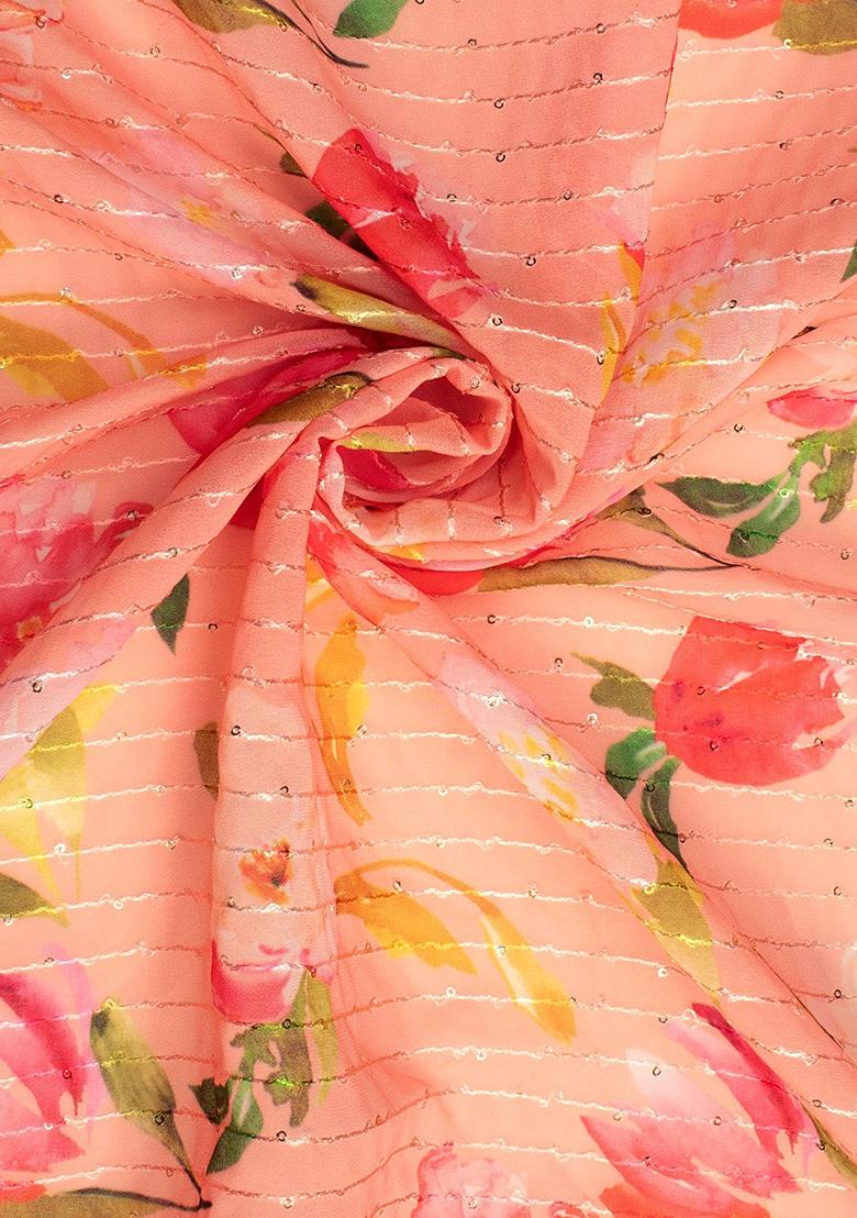 Peach Printed Embroidered Georgette Pre Draped Saree Set