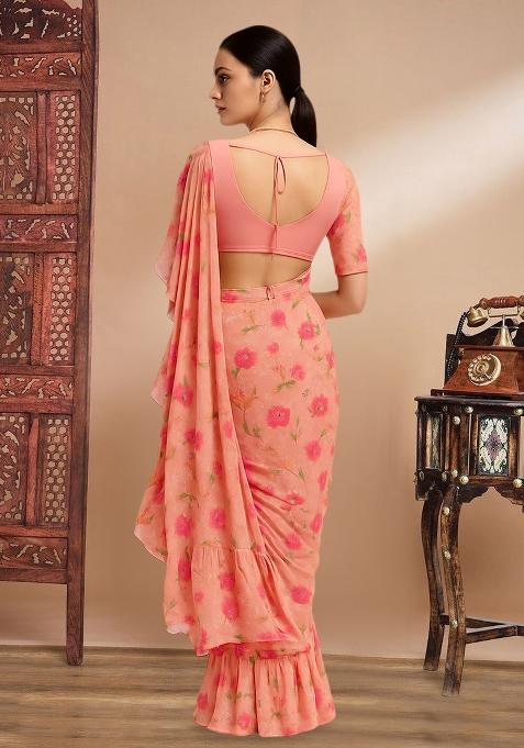 Peach Printed Embroidered Georgette Pre Draped Saree Set
