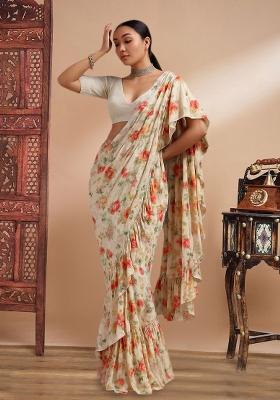 Cream Printed Embroidered Georgette Pre Draped Saree Set