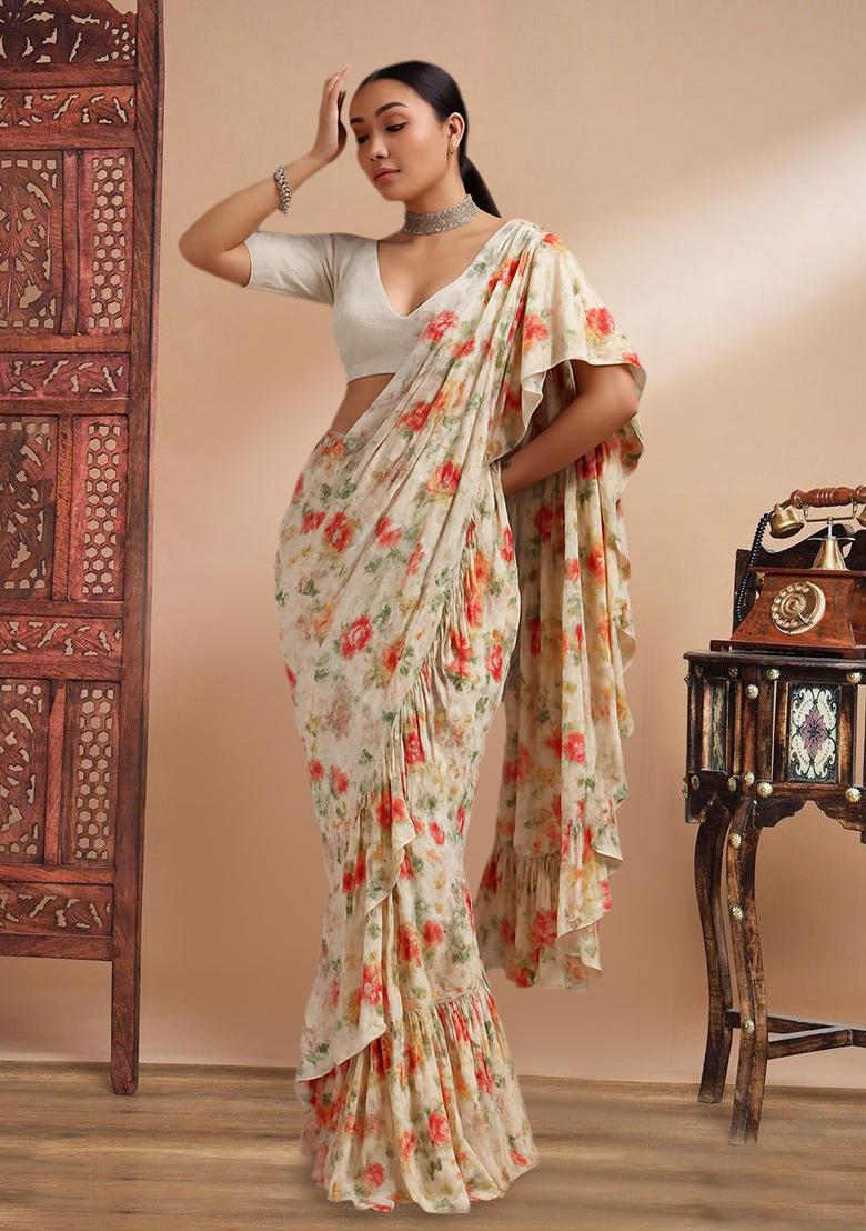 Cream Printed Embroidered Georgette Pre Draped Saree Set