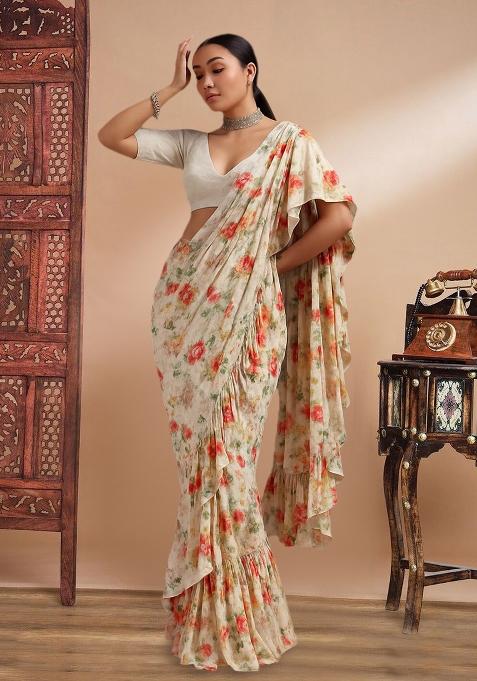 Cream Printed Embroidered Georgette Pre Draped Saree Set