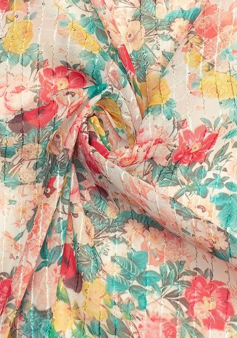 Cream Printed Embroidered Georgette Pre Draped Saree Set