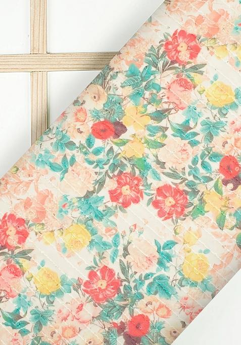 Cream Printed Embroidered Georgette Pre Draped Saree Set