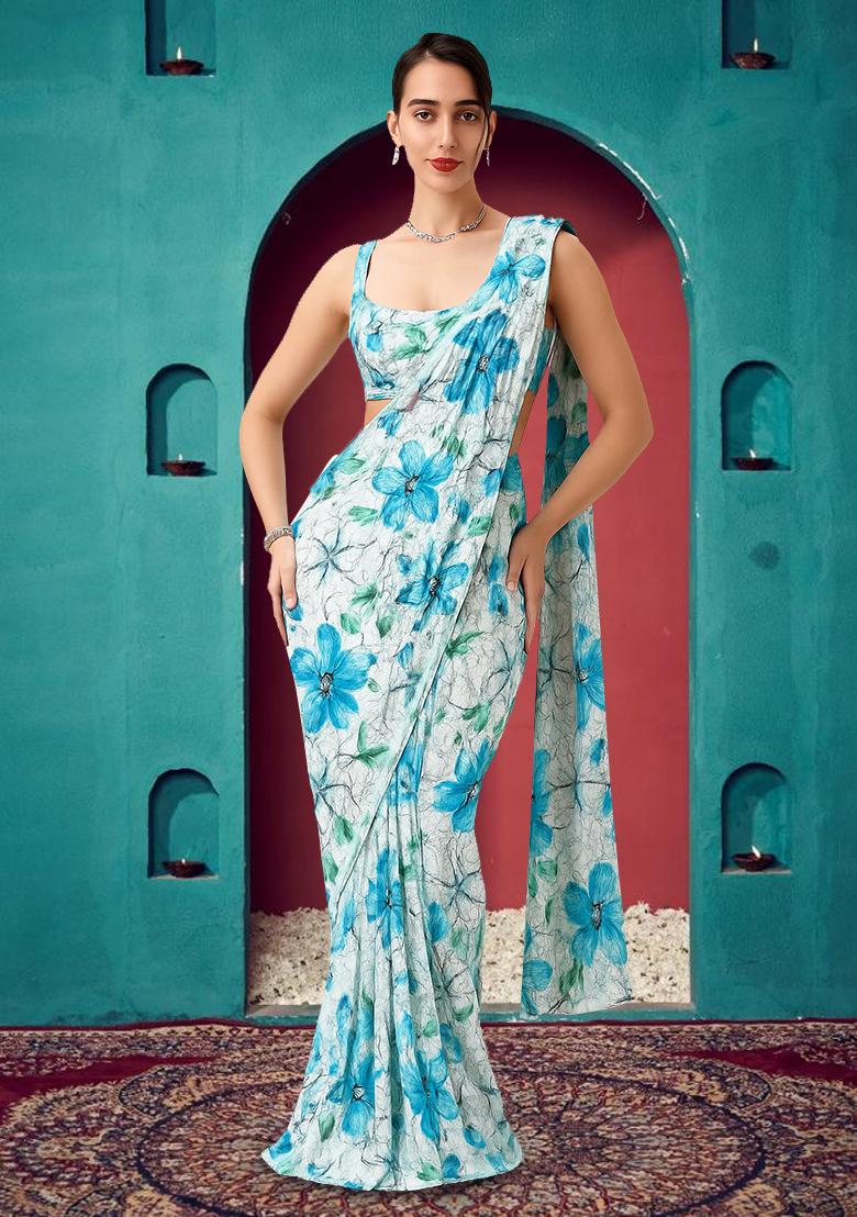 White And Blue Printed Embroidered Georgette Pre Draped Saree Set