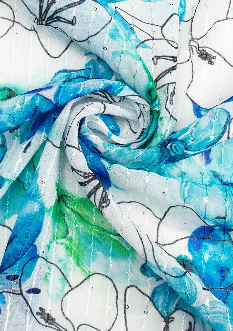 White And Blue Printed Embroidered Georgette Pre Draped Saree Set