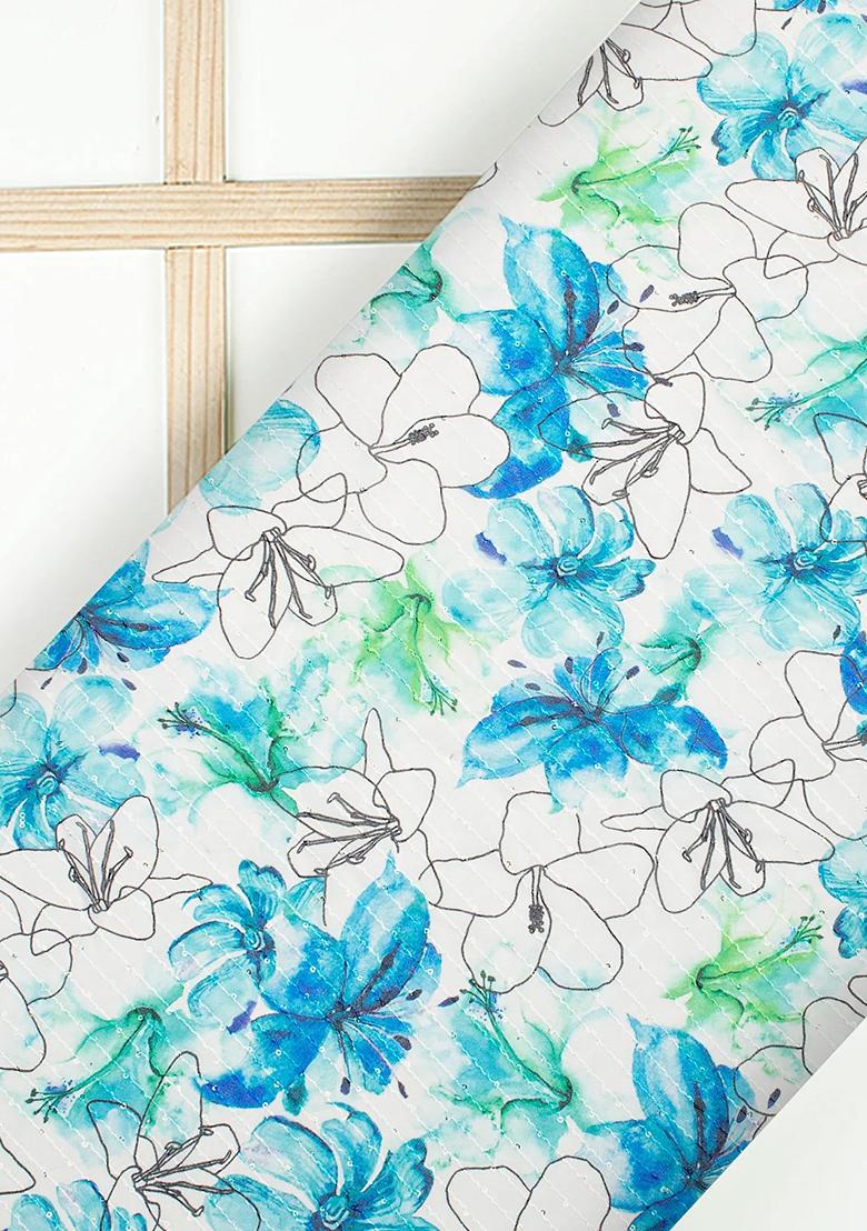 White And Blue Printed Embroidered Georgette Pre Draped Saree Set - Indya