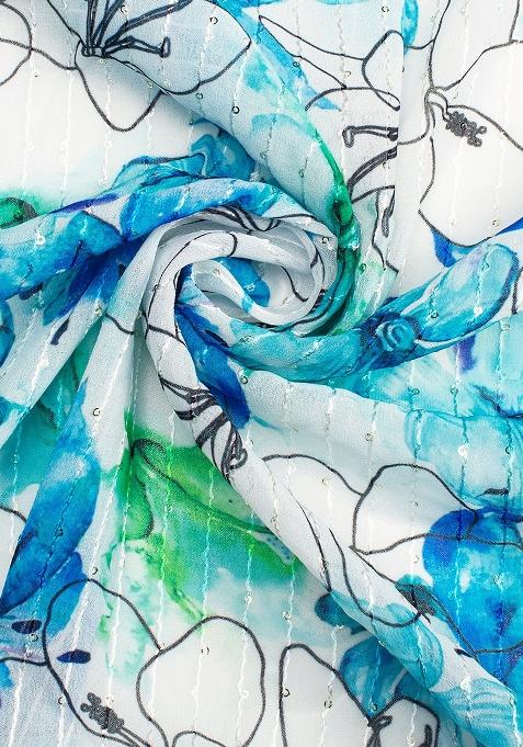 White And Blue Printed Embroidered Georgette Pre Draped Saree Set